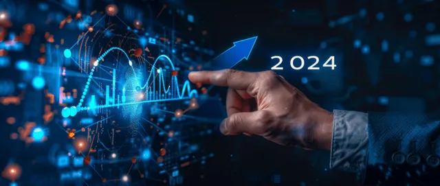 Man’s hand points to a glowing upward arrow beside digital finance charts with “2024” in the background.
