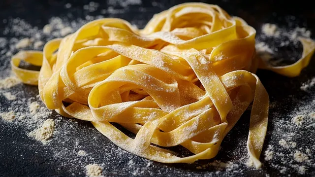 Close-up of uncooked flat pasta noodles dusted with flour on dark kitchen surface