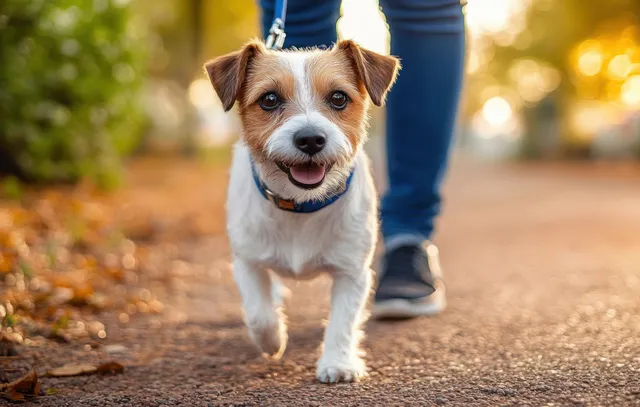 Small dog walking on a leash on a sunlit outdoor path while a person in blue jeans and sneakers appears behind.
