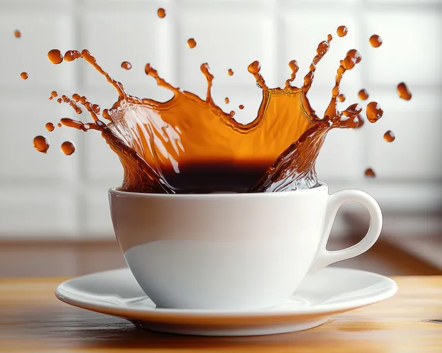 Dark coffee splashes out of a white ceramic cup onto a matching saucer with droplets frozen mid-air.