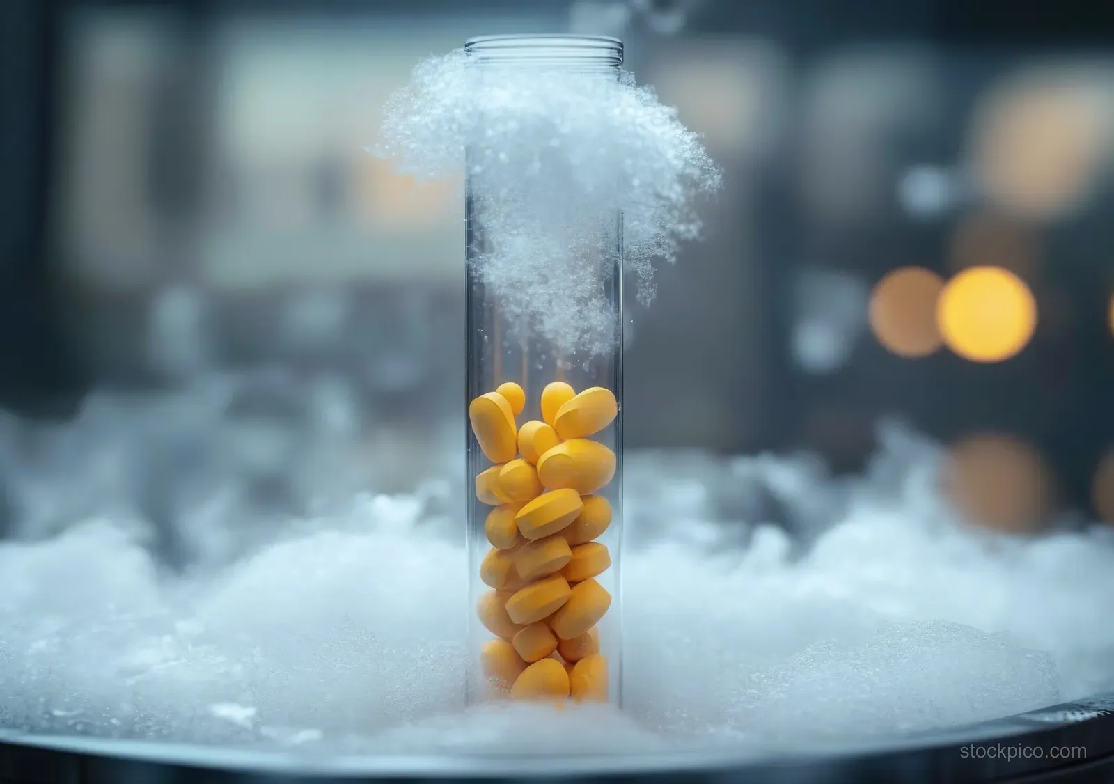 Yellow pills stacked inside a clear vial with frosty white mist drifting around in a lab setting.