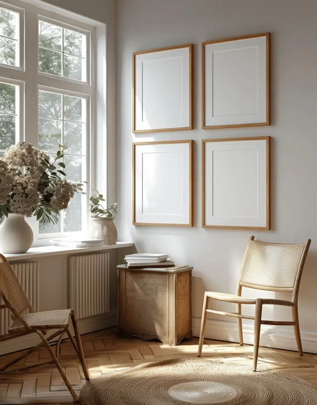 Scandinavian wooden picture frame mockup in minimalist living room by sunlit window