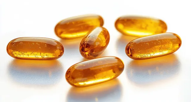 Translucent yellow omega-3 fish oil capsules on a clean white background.