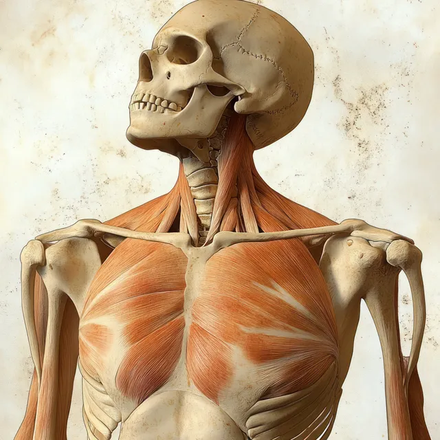 Skeleton model shown from the front with highlighted pectoralis major muscles and labeled chest anatomy.