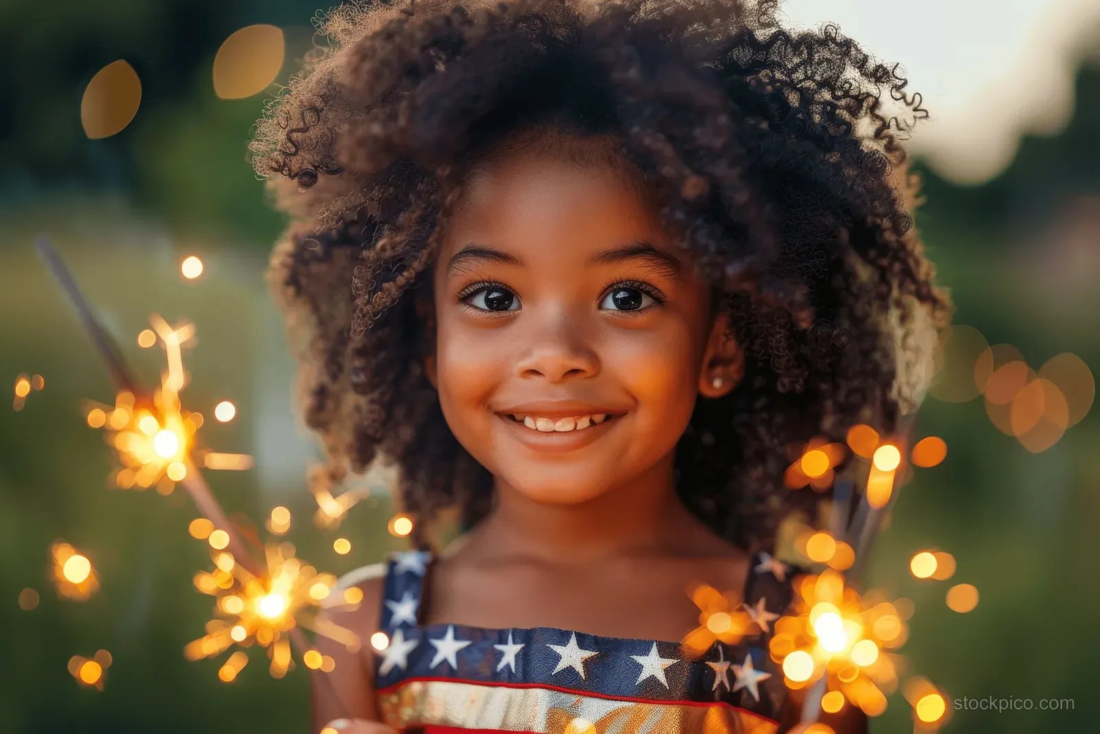 Smiling African American girl holds a sparkler with patriotic spark trails and blurred fireworks lights behind her outdoors.
