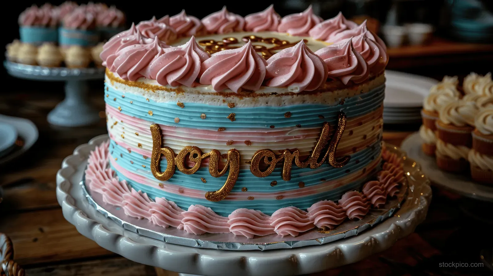 Gender reveal cake with blue and pink frosting and gold boy or girl topper on a decorated table.