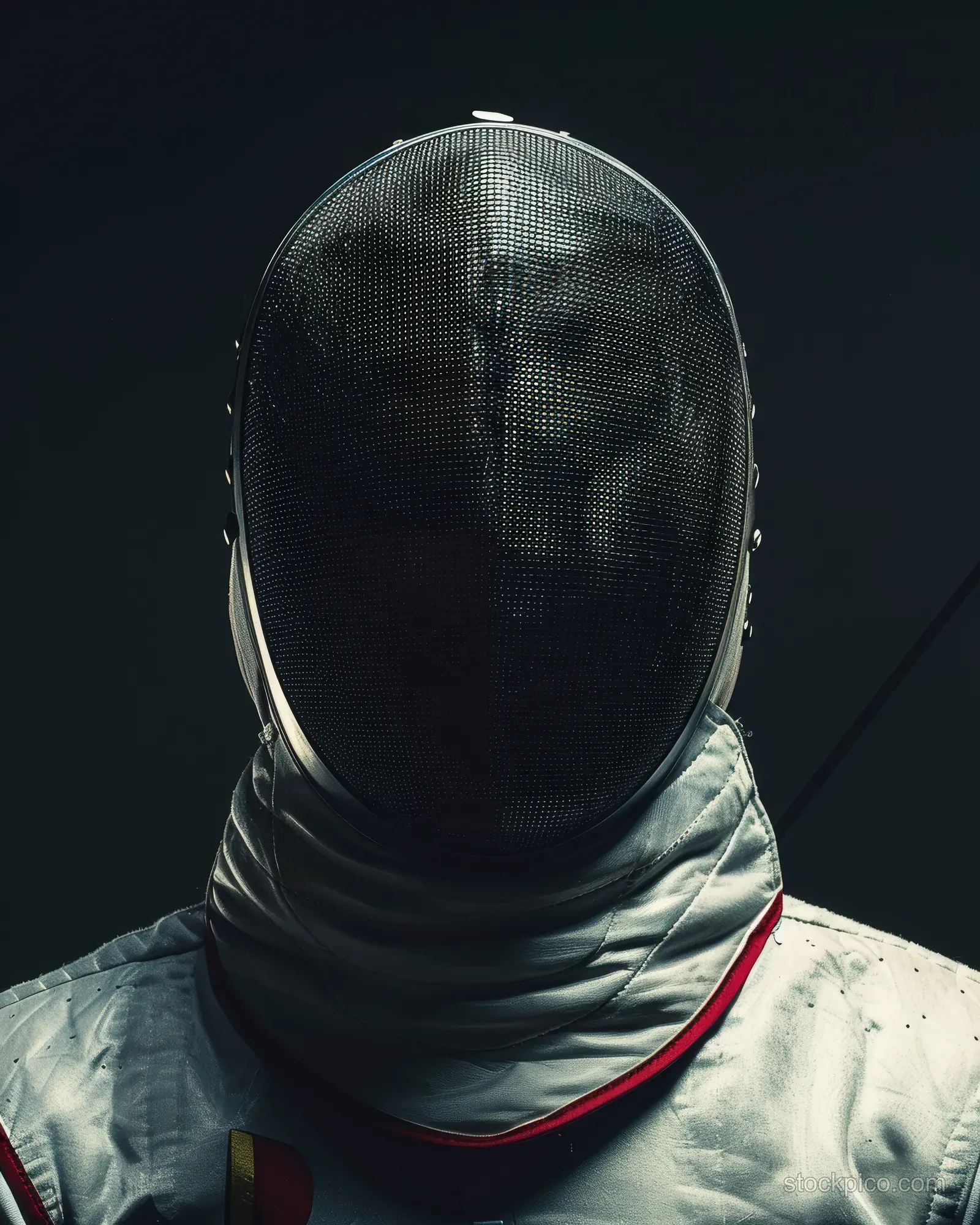 A sabre fencer in a fencing mask and white jacket is spotlighted with the blade raised.