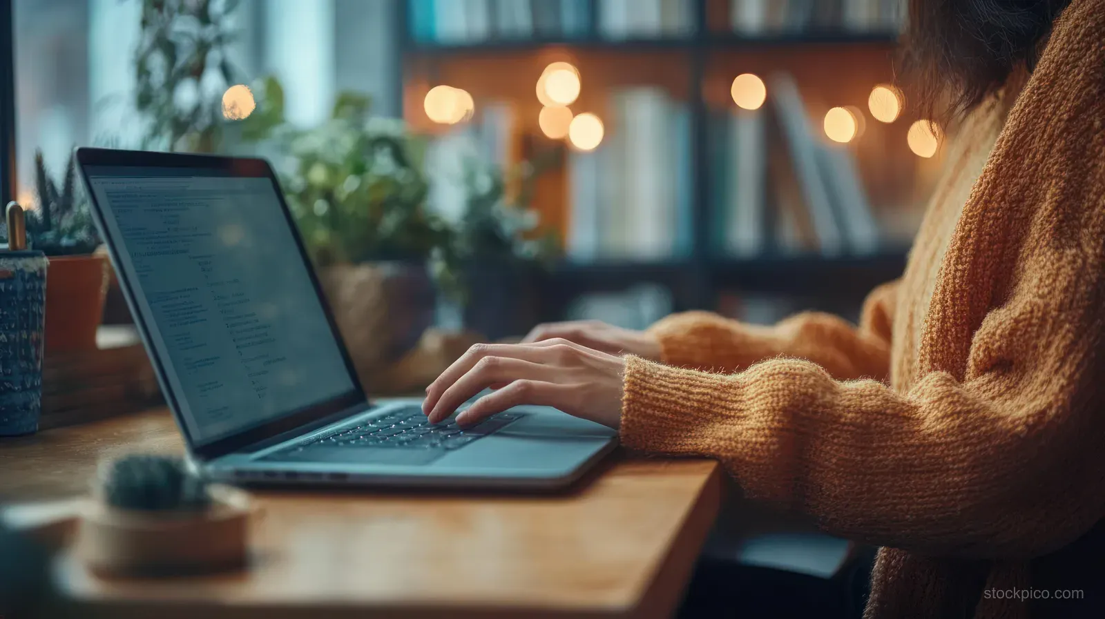A woman’s hands type on a laptop at a home office desk with warm window light.