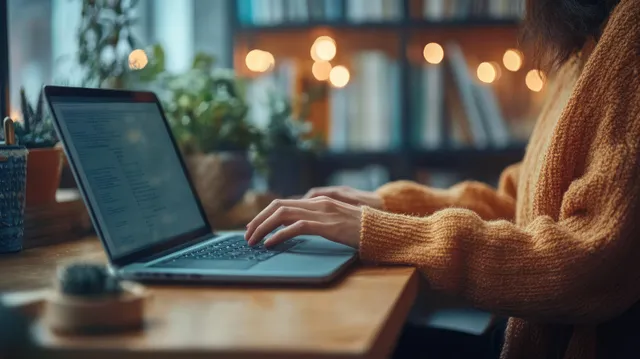 A woman’s hands type on a laptop at a home office desk with warm window light.