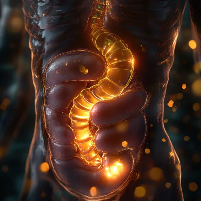 Glowing esophagus and digestive organs inside a dark torso, with highlighted inflamed areas in surreal medical style.