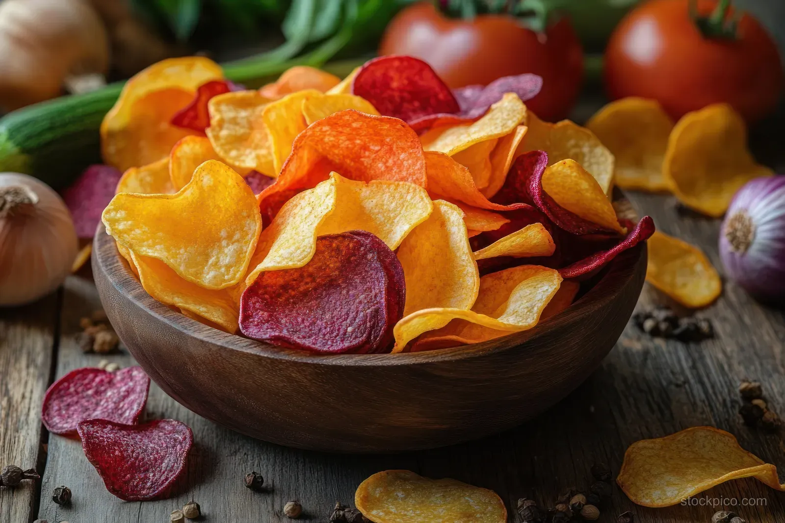 Colorful vegetable chips in a wooden bowl on a rustic table with tomatoes, onions, garlic, and peppercorns behind.