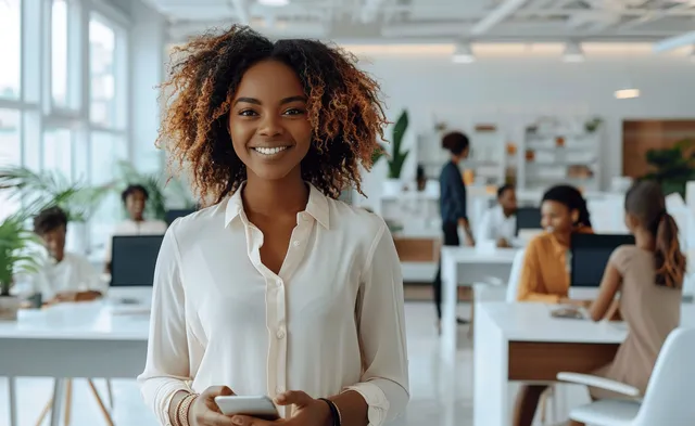 Confident black woman holds a smartphone in the foreground while colleagues work at desks in a bright office.