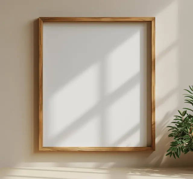 Square wooden poster frame mockup on a beige wall with sunlight shadows and a small plant nearby.