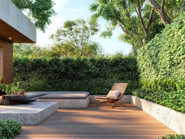 Wooden lounge chair beside stone benches on a patio surrounded by lush greenery.