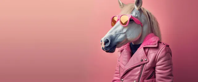 Anthropomorphic horse wearing a pink leather jacket and red sunglasses poses against a pink studio banner background.