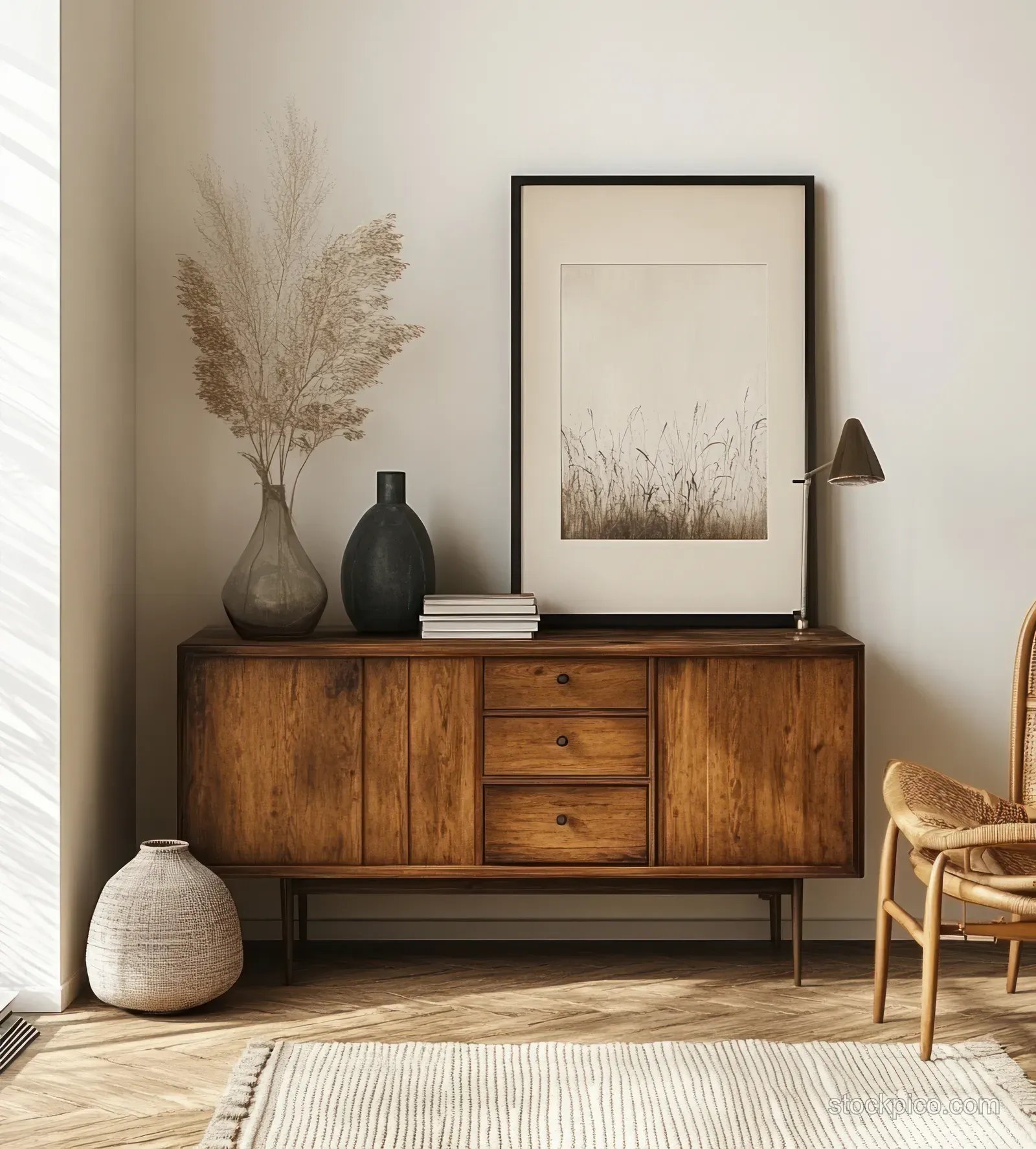 Minimal Scandinavian living room with a wooden cabinet, framed print, lamp, and decorative vases in warm light.