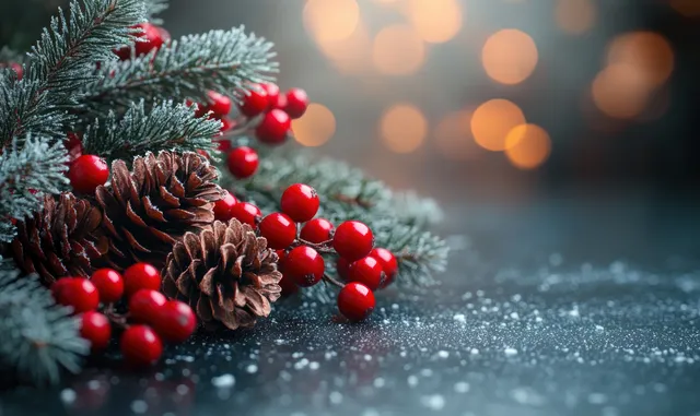Frosted fir branches with pinecones and red berries rest on a dark snowy slate background.