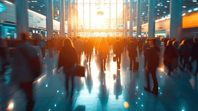 Motion-blurred business travelers walk through a crowded airport terminal with warm sunlight flare.