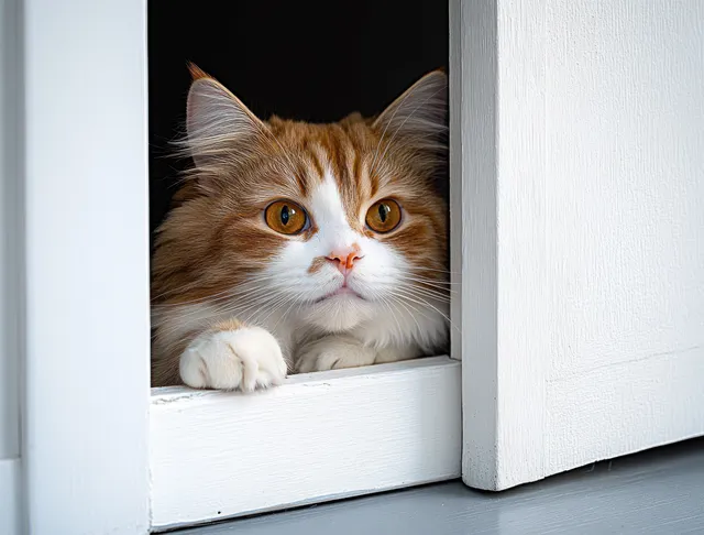 An orange-and-white cat peeks out from a slightly open white door with wide eyes and paws resting on the frame.
