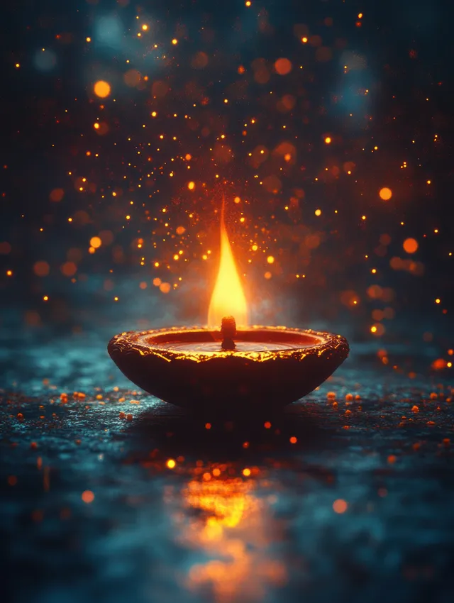 A glowing diya oil lamp burns with warm light, surrounded by golden floating sparks and purple bokeh.
