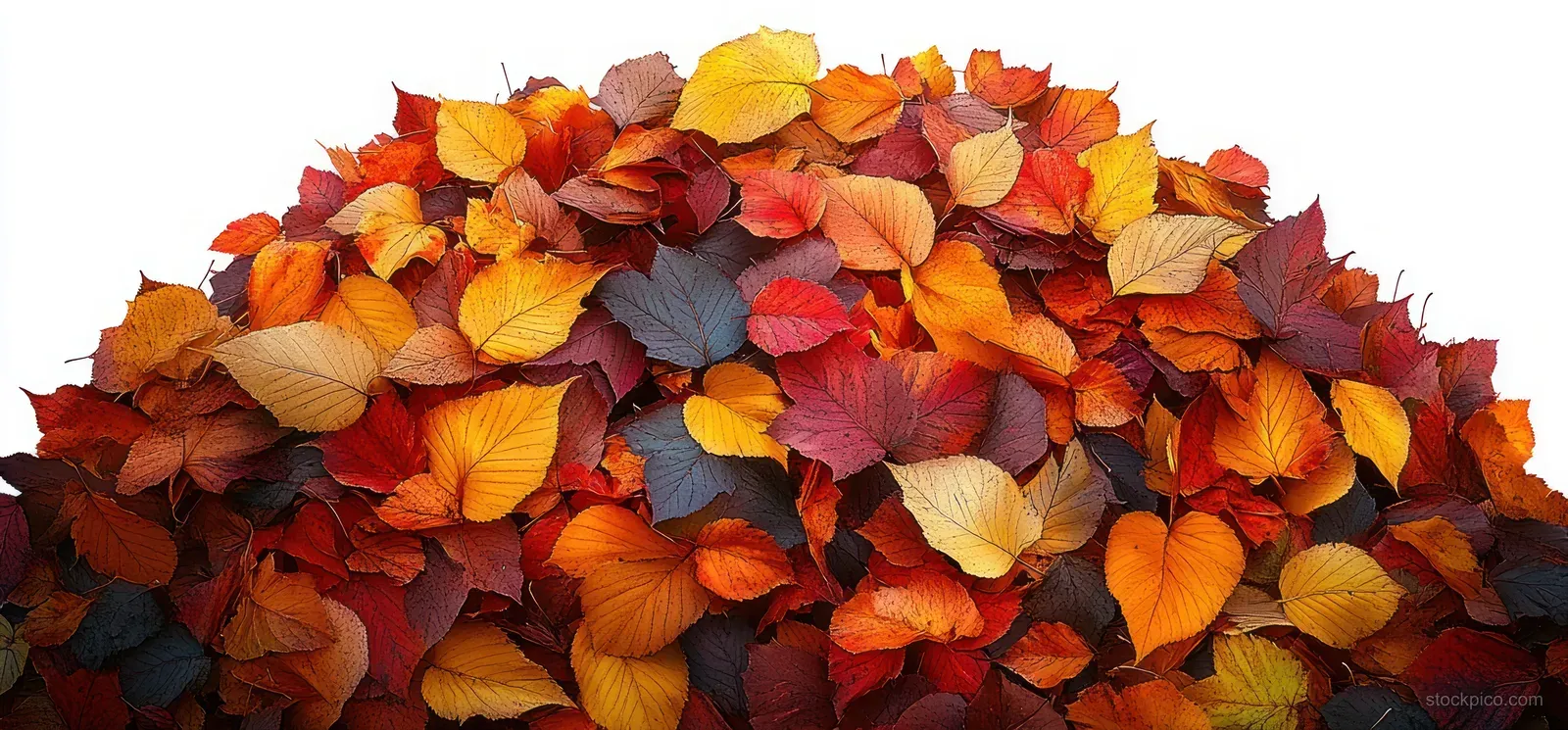 Overhead view of a dense pile of autumn leaves in orange, yellow, red, and brown showing layered textures.