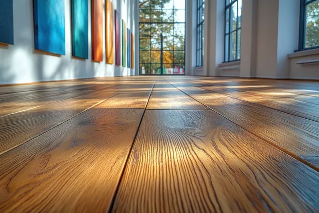 Colorful laminate sample boards hang above a long wooden floor leading toward large windows.