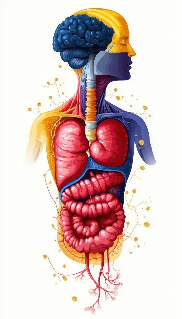 Color-coded cross-section illustration of the human digestive system showing stomach, intestines, colon, liver, and pancreas.