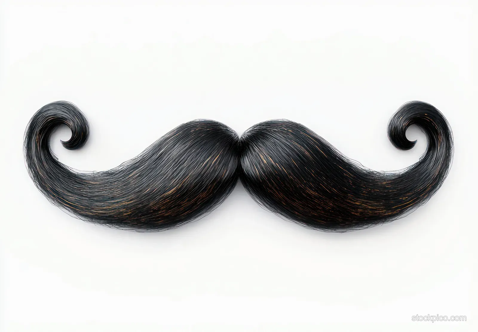 Curled black mustache with subtle brown highlights isolated on a white background, showing detailed hair texture.