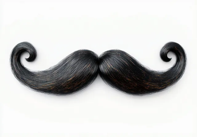 Curled black mustache with subtle brown highlights isolated on a white background, showing detailed hair texture.