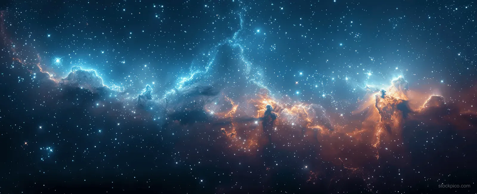 Dark blue starry sky with a glowing nebula band and grainy texture.