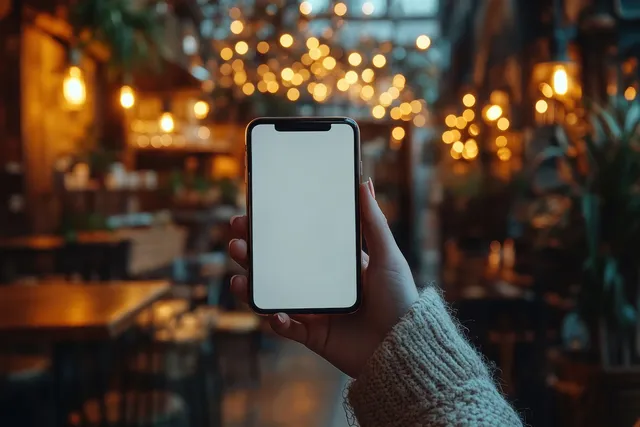 Close-up of a smartphone held in a person's hand, set in a cozy cafe with warm lighting and a blank screen for app placement.