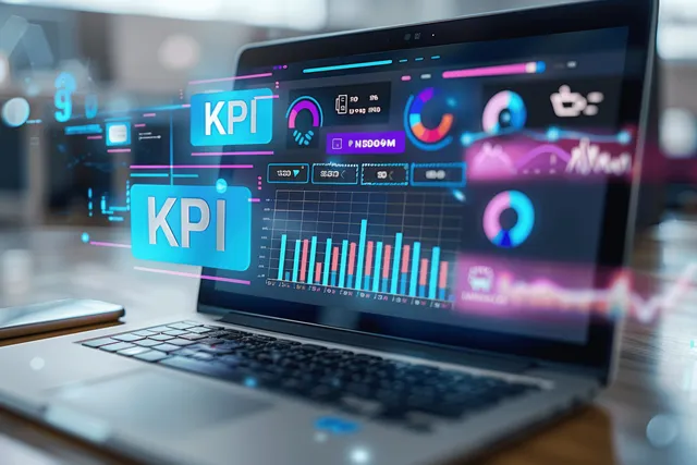 Laptop screen shows a KPI analytics dashboard with bar charts, pie icons, and translucent glowing interface elements.