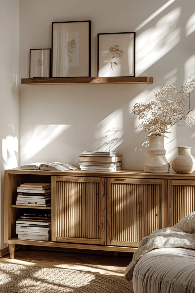 Minimalist wooden sideboard with empty picture frames in a sunlit living room with visible shadows.