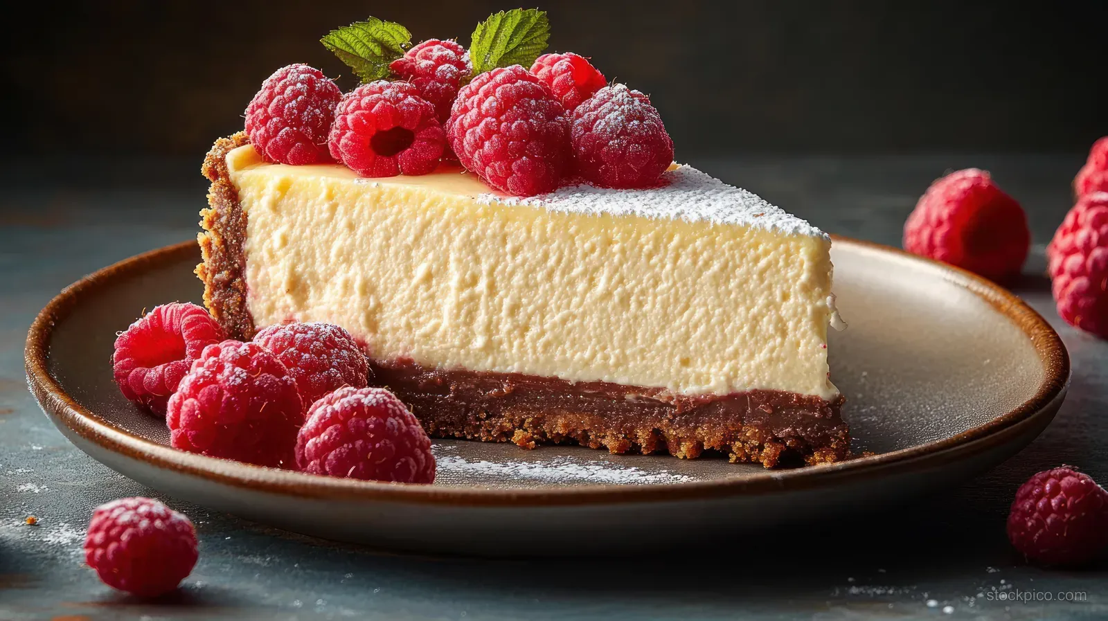 Creamy cheesecake slice topped with raspberries and mint leaves on a brown plate with powdered sugar around.