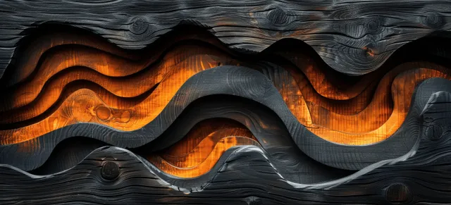 Layered carved wood waves form a dark relief background with visible grain and earthy brown highlights.