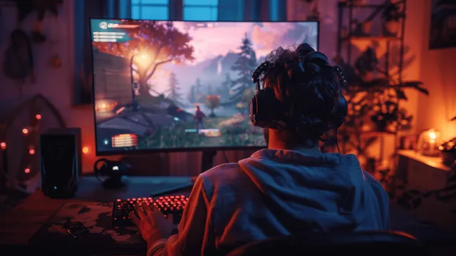 Back view of a young man gaming at a multi-monitor PC setup with headphones and red RGB LED lights at night.
