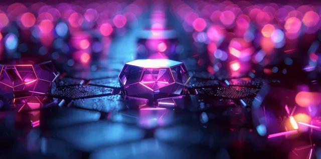 Glowing blue and violet glass hexagons float over a dark 3D tech background with light refraction.