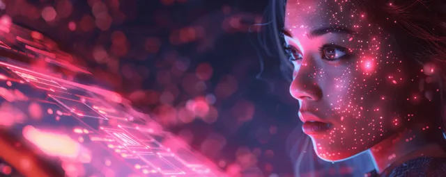 Businesswoman using tablet with AI interface, analyzing big data in secure office environment