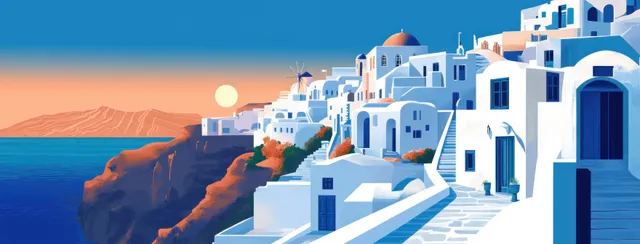 A vibrant sunset illuminates a coastal town with blue and white buildings, a windmill, and cliffs by the sea.