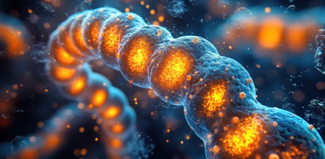 Glowing 3D chromosome with bright telomere ends floats in blue with surrounding particles.