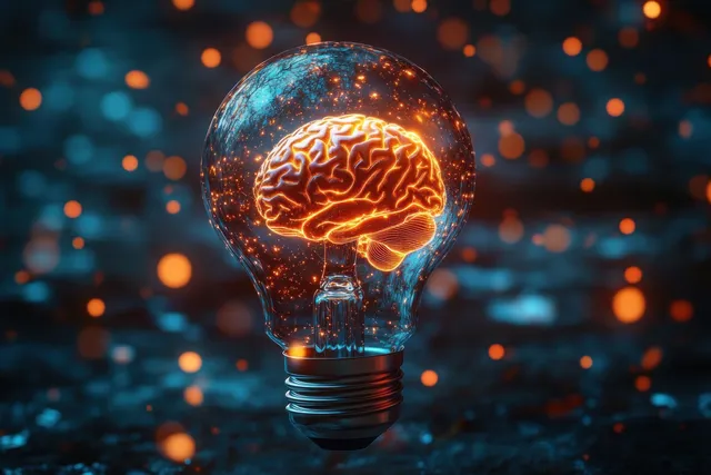 A transparent light bulb contains a glowing orange brain surrounded by warm particles on a dark blue background.