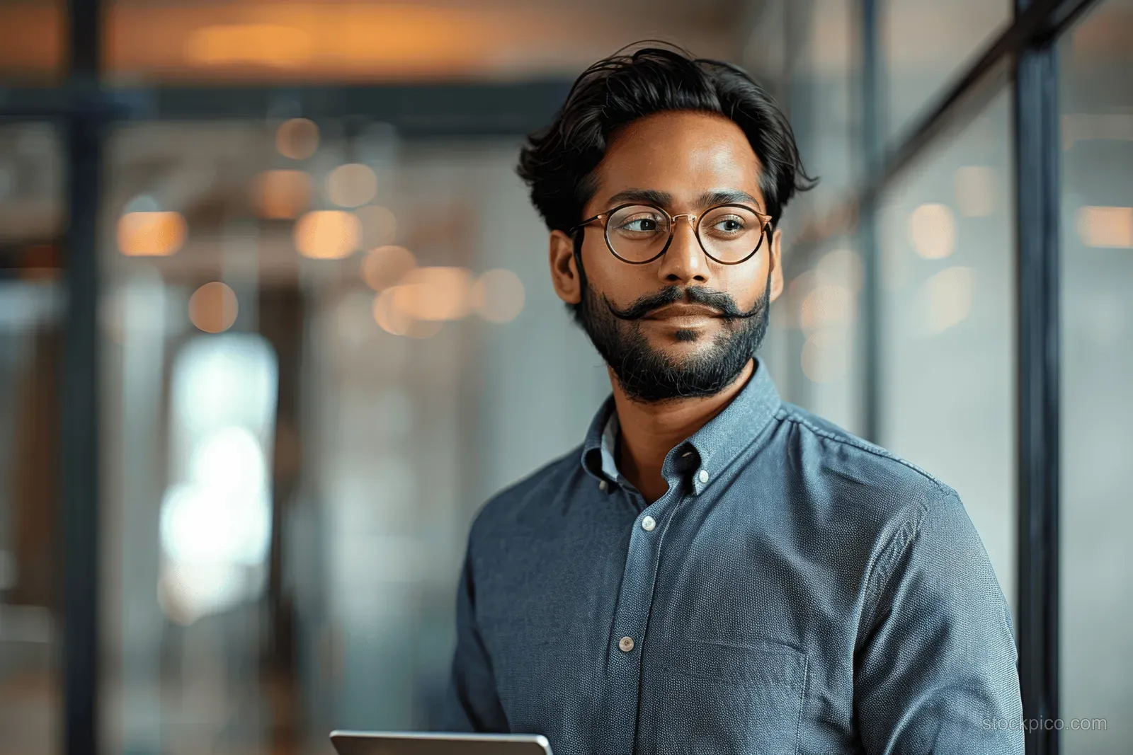 A young Indian businessman with glasses holds a tablet while looking thoughtfully into the distance in an office.