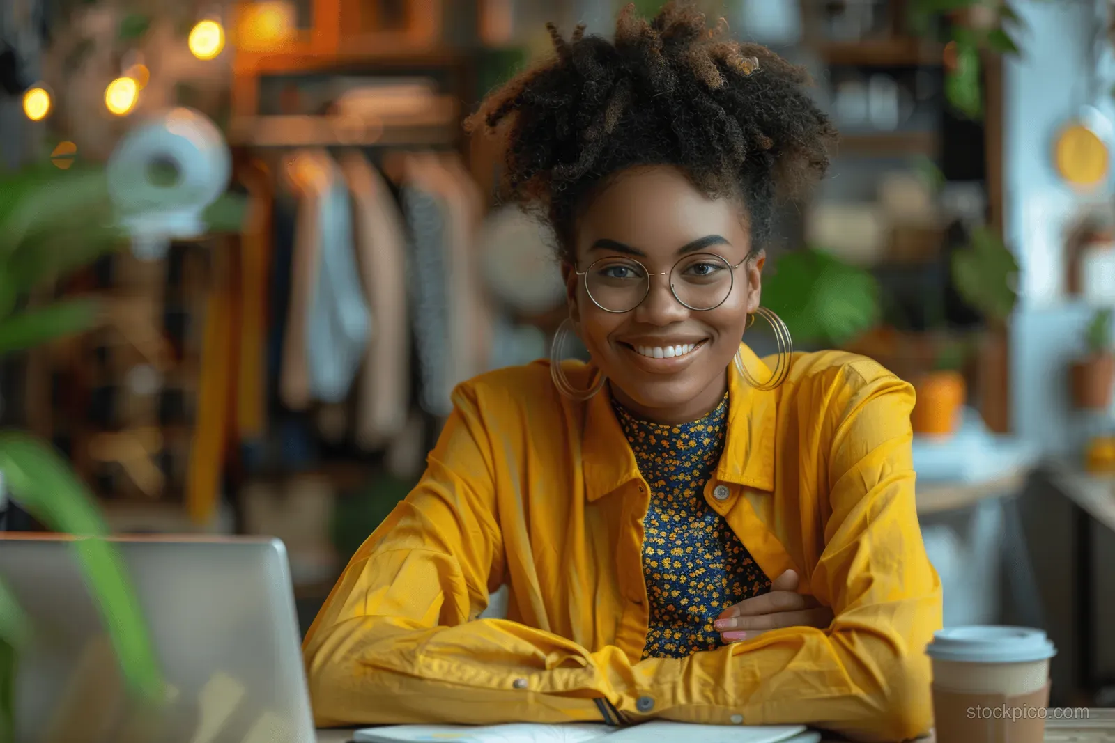 A smiling Black fashion designer types on a laptop at a desk with a coffee cup while fabric racks blur in the background.