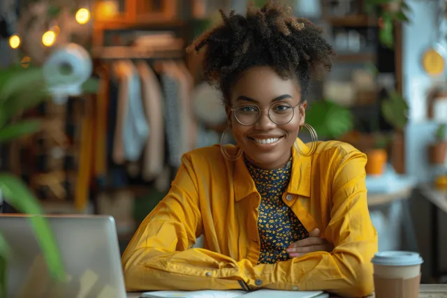 Smiling Black fashion designer typing on laptop in cozy home office with fabric rack background