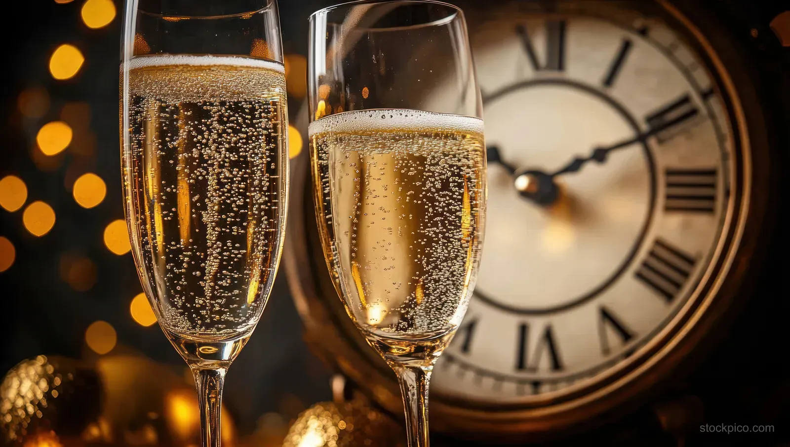 Two champagne flutes of sparkling wine with visible bubbles in front of a midnight clock and warm festive lights.