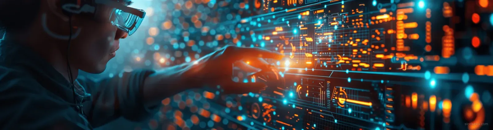 A person uses a tablet while glowing holographic network nodes and data charts float in the background.