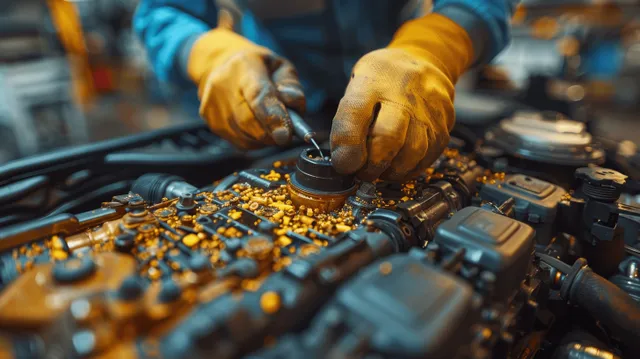 Gloved mechanic probes an electric car battery with a digital meter next to cables and engine components in a workshop.