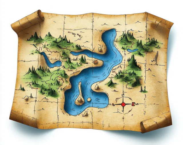 A hand-drawn treasure map on aged parchment displays a compass, winding rivers, forests, mountains, and small islands.