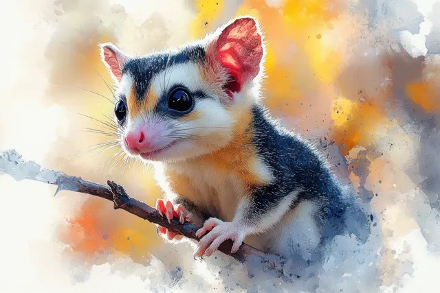 A sugar glider perched on a branch in a watercolor illustration with colorful splashes behind.
