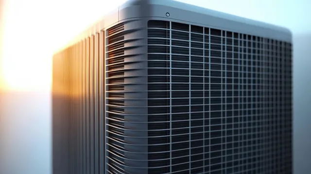Close-up of an outdoor air conditioning unit grille with sunset reflections and visible vent openings.